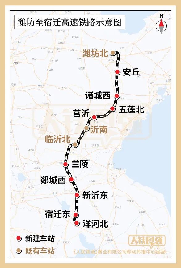 北起山东潍坊,向南经日照,临沂,进入徐州新沂,在宿迁市与徐宿淮盐铁路