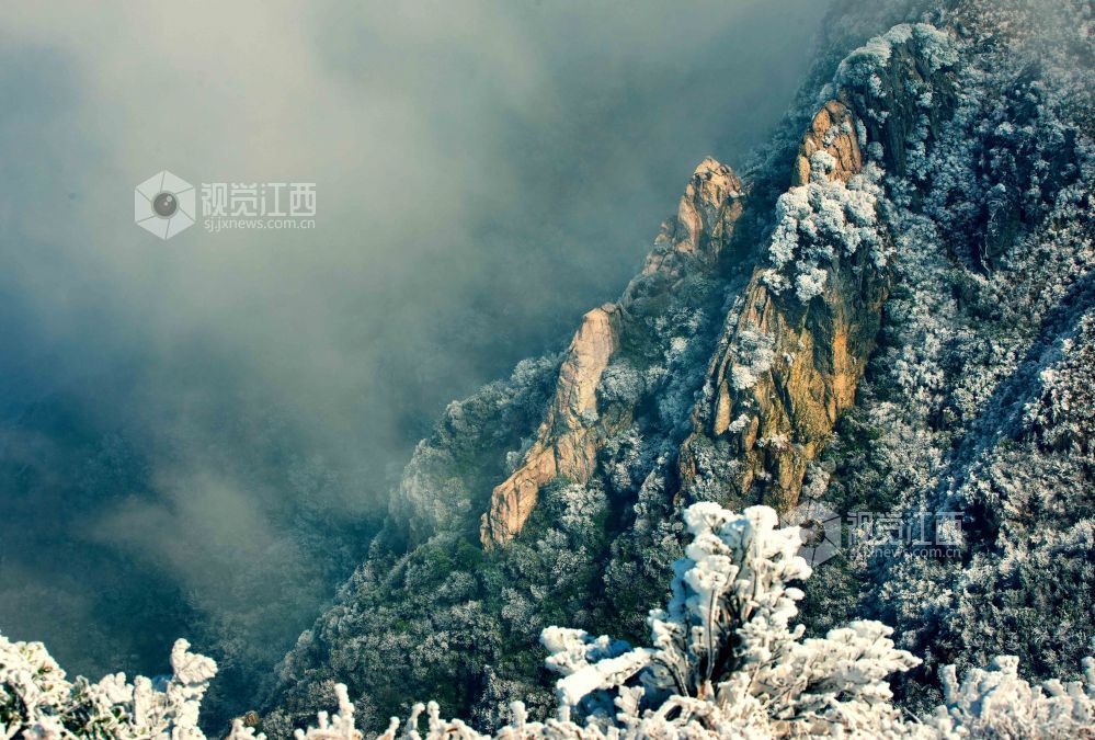 12月23日，在海拔1391.3米的永新县台岭乡秋山主峰，各种树木和花草均被冰层包裹着，在阳光照射下，显得更加晶莹剔透。置身山顶，云雾缥缈，宛若童话世界