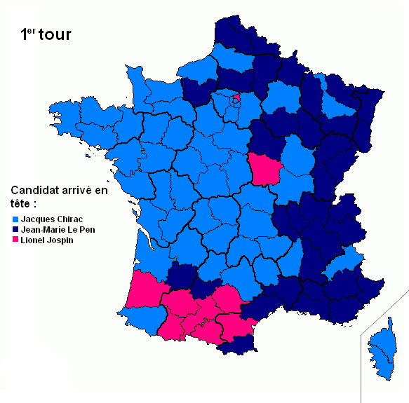 ▎2002年法国大选第一轮选 举中各候选人在全国各省分中获票情况：雅克·希拉克：蓝色；马利·勒庞：深蓝色；利昂内尔·若斯潘：粉色。