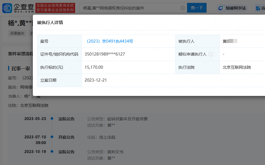 杨幂黑粉被强执 执行标的15170元