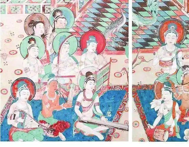 敦煌壁画《舞乐图&middot;初唐》局部，临摹图。（本版图片均为资料图）