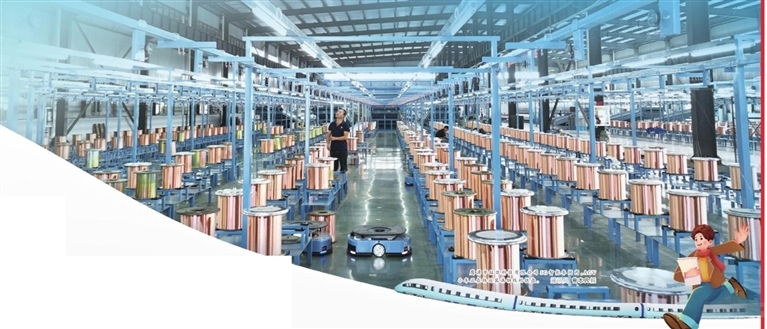 鹰潭市钲旺科技有限公司5G智能车间内，AGV小车正在转运装满铜线的铁盘。通讯员 曾志凡摄