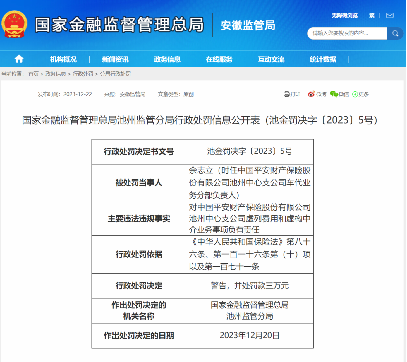 虚列费用 虚构中介业务 中国平安财险池州中心支公司被罚30万元