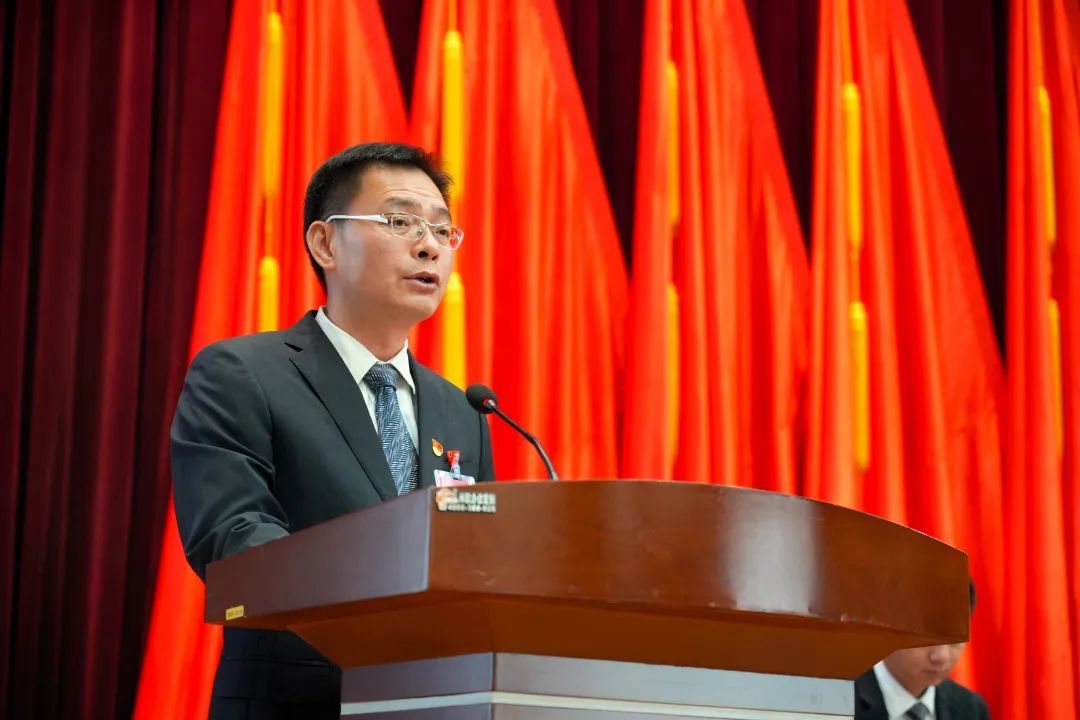 里水镇党委书记黄伟明代表里水镇党委向大会作报告.