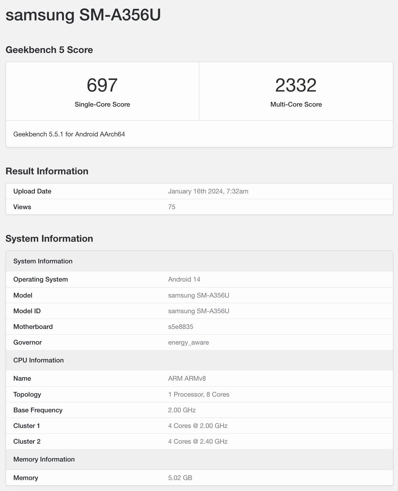 三星Galaxy A35 5G手机跑分曝光：Exynos 1380芯片+6GB内存