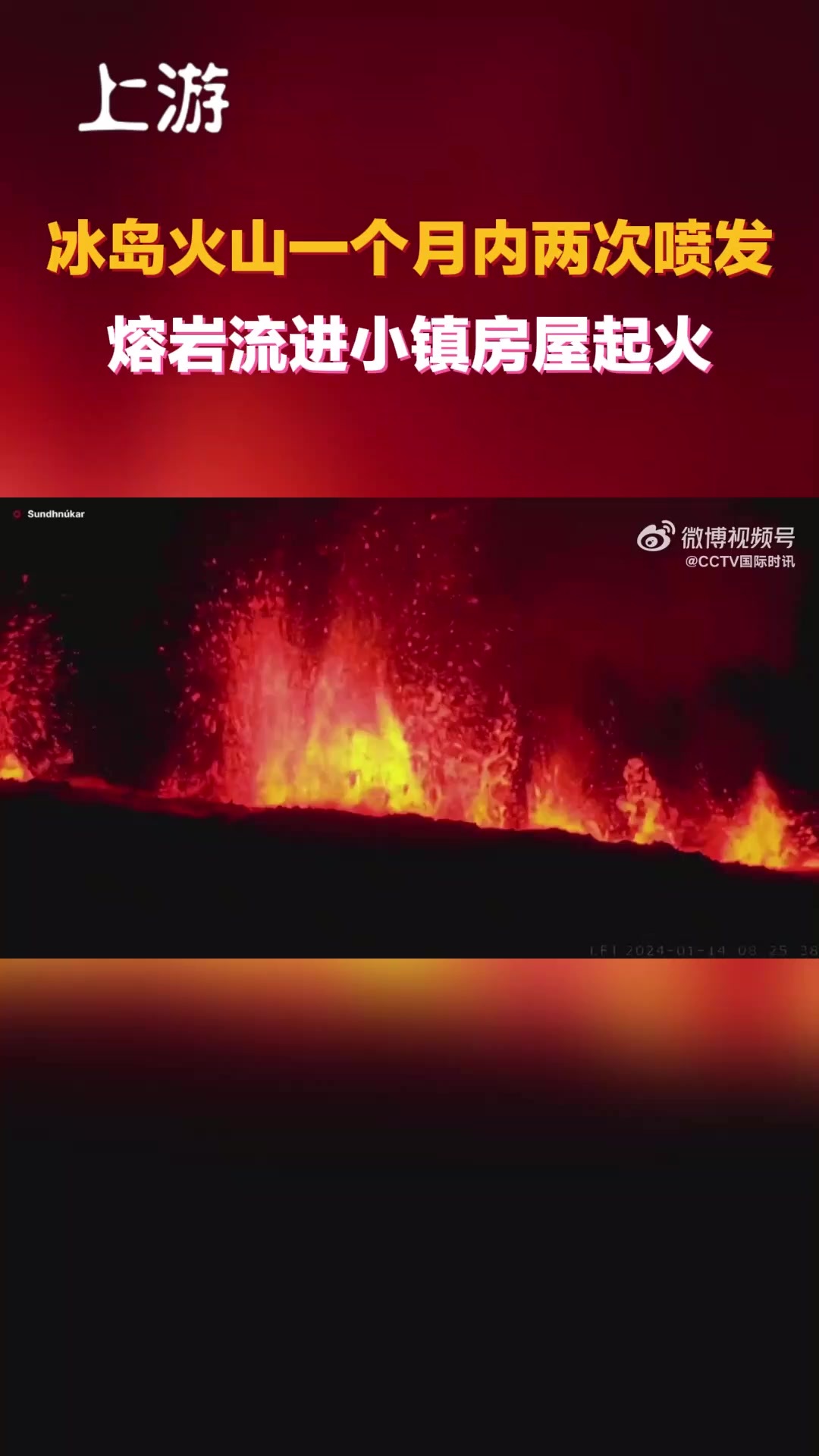 实拍！冰岛火山一个月内两次喷发，熔岩流进小镇房屋起火