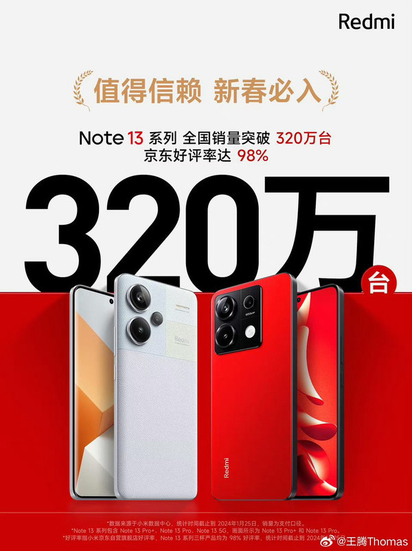 Redmi Note13系列宇宙销卖捣毁320万台 孬评率98%