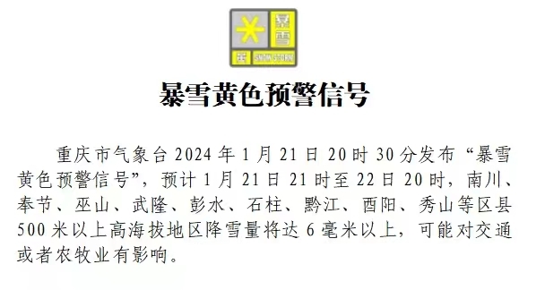 重庆发布“暴雪黄色预警信号” 彭水酉阳等区县注意防御