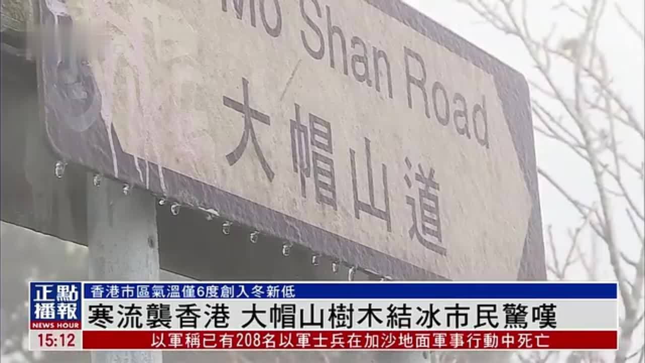 寒流袭香港 大帽山树木结冰市民惊叹