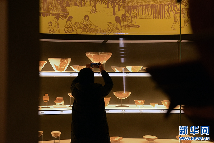 1月25日,河南省漯河市舞阳县贾湖遗址博物馆,游客在拍摄展品。