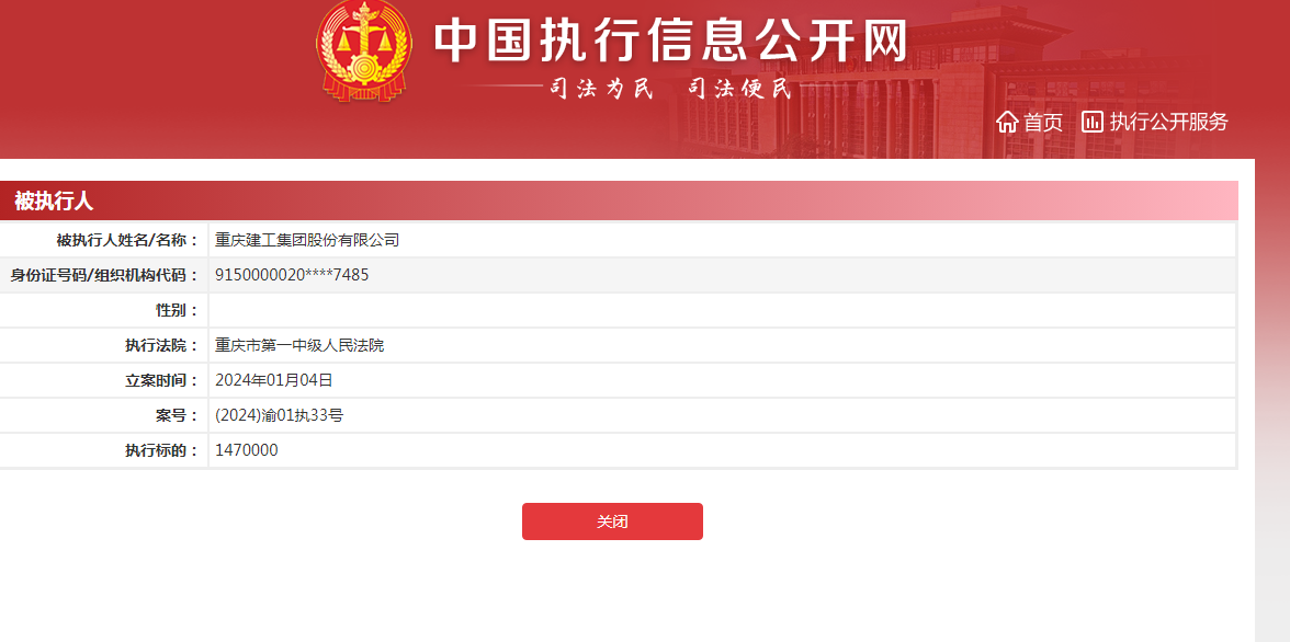 重庆建工集团今年新增4个被执行案件，最低被执行金额9513元