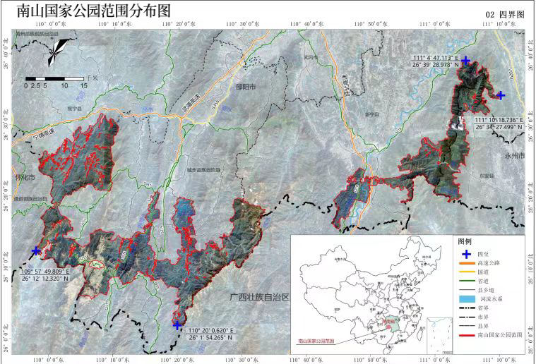 （南山国家公园总面积约1300平方公里，横跨城步苗族自治县、绥宁、新宁、东安四县。城步、绥宁的苗族占少数民族人口的一半以上，在清代被称为“苗疆要区”。）