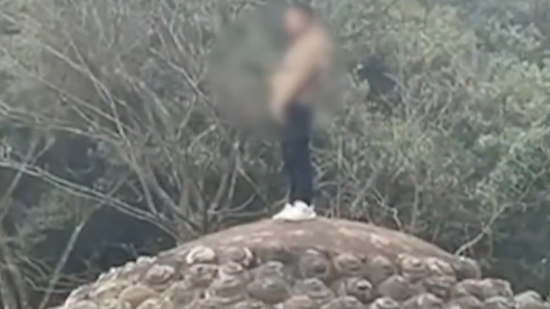 男子站四川乐山大佛头顶小便,景区回应_凤凰网