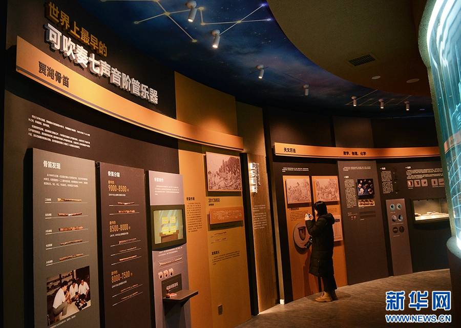 1月25日,河南省漯河市舞阳县贾湖遗址博物馆,游客在拍摄展品。