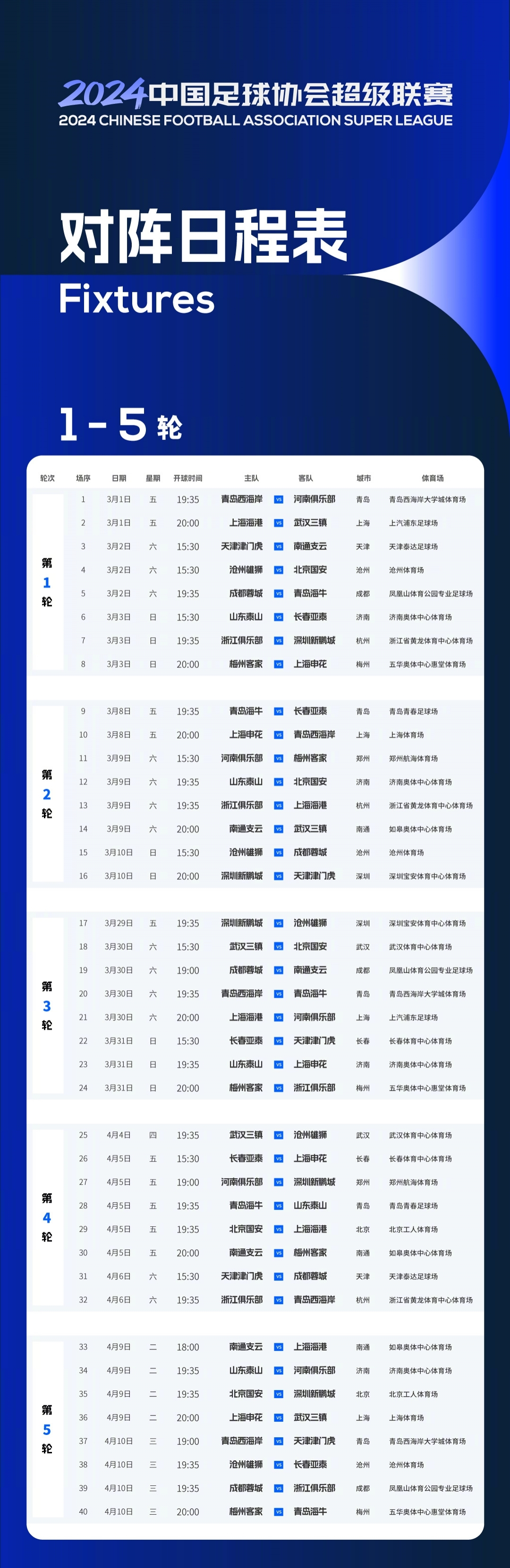 中超新赛季赛程公布：3月1日开幕，11月2日结束