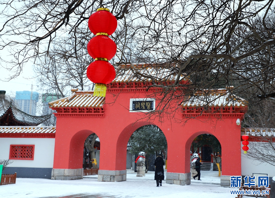 2月2日，河南省南阳医圣文化园，市民在赏雪观景。