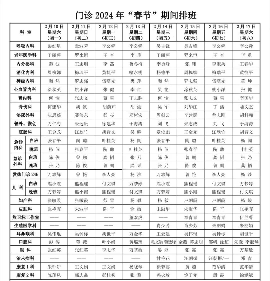 南昌市市直各医院2024年春节假期门诊安排