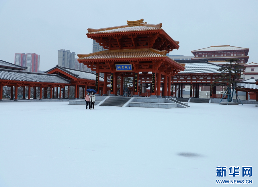 2月2日，河南省南阳医圣文化园，市民在赏雪观景。