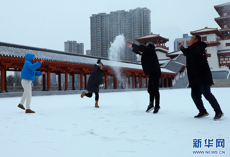 2月2日，河南省南阳医圣文化园，市民在“打雪仗”。