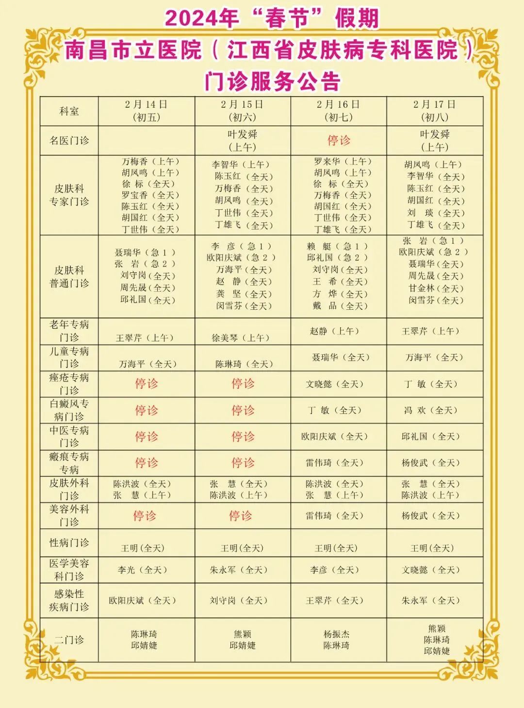 南昌市市直各医院2024年春节假期门诊安排