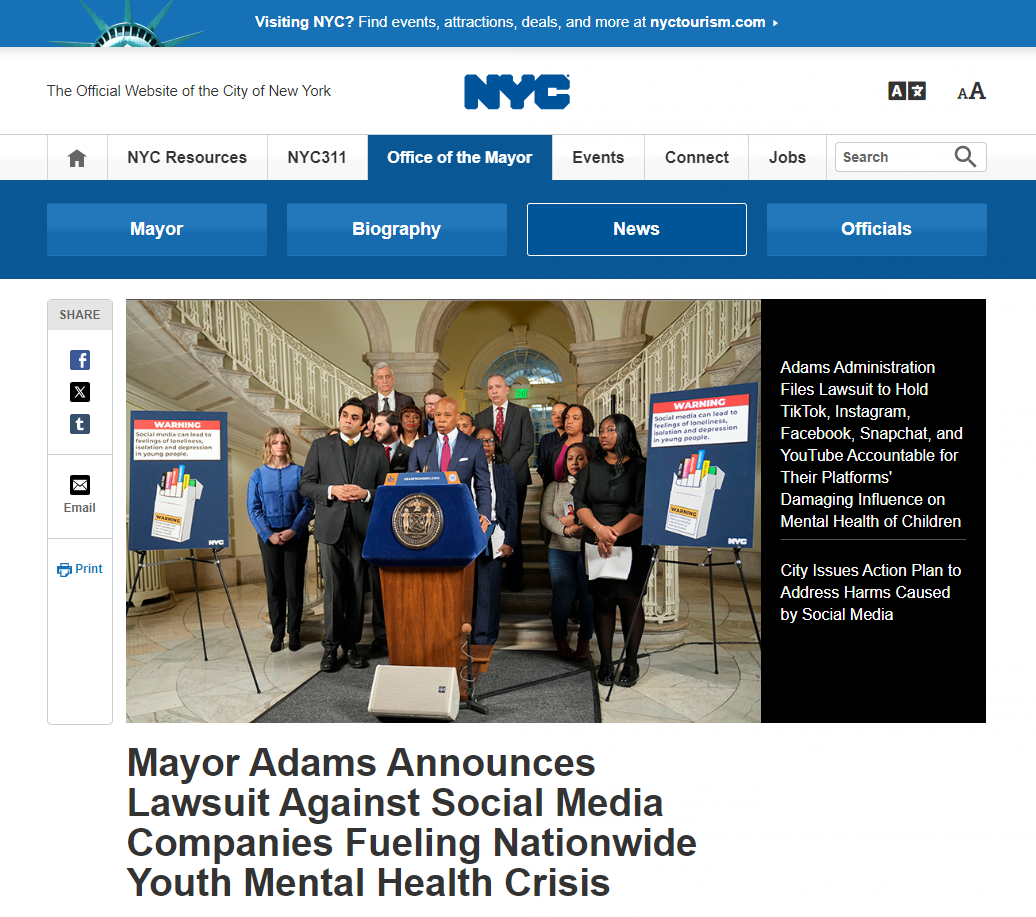 因助长年轻人心理健康危机，纽约市政府起诉Facebook、YouTube等社交媒体 - 网络动向论坛 - 吾爱微网