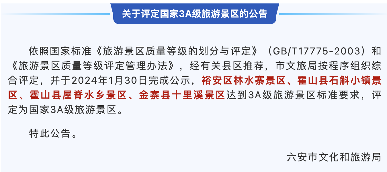 国家3A级旅游景区评定公告！安徽六安新增4家