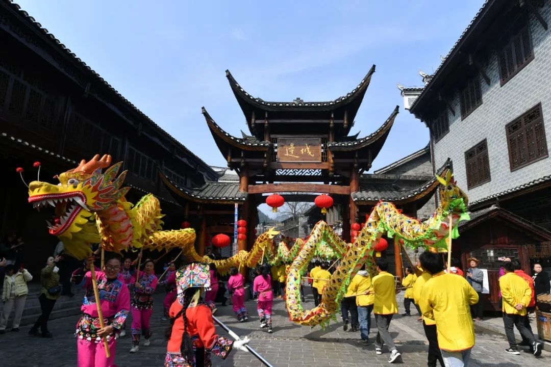花垣县边城镇，布龙、板凳龙、伞龙、稻草龙、纸龙等“群龙共舞”