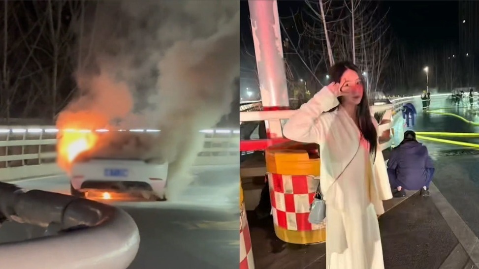 保时捷自燃车主淡定拍照留念