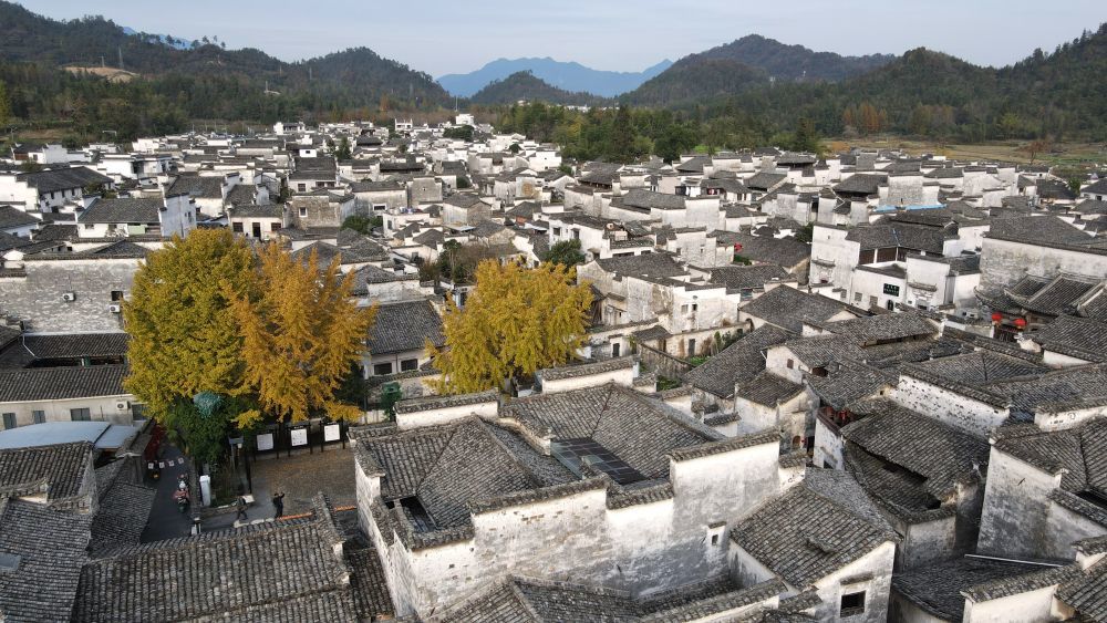 ↑这是2023年11月15日拍摄的黟县西递古村（无人机照片）。新华社记者 张端 摄
