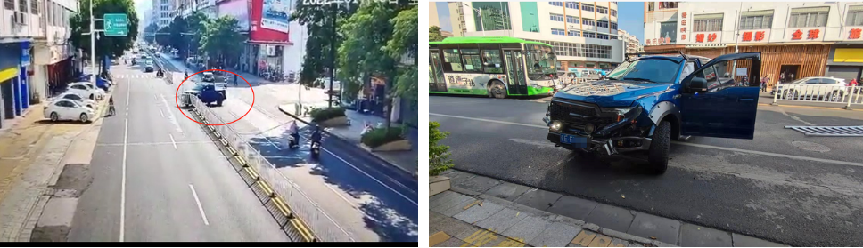 ▲事故现场:失控车辆冲破栏杆,最后又横跨在对向车道上。