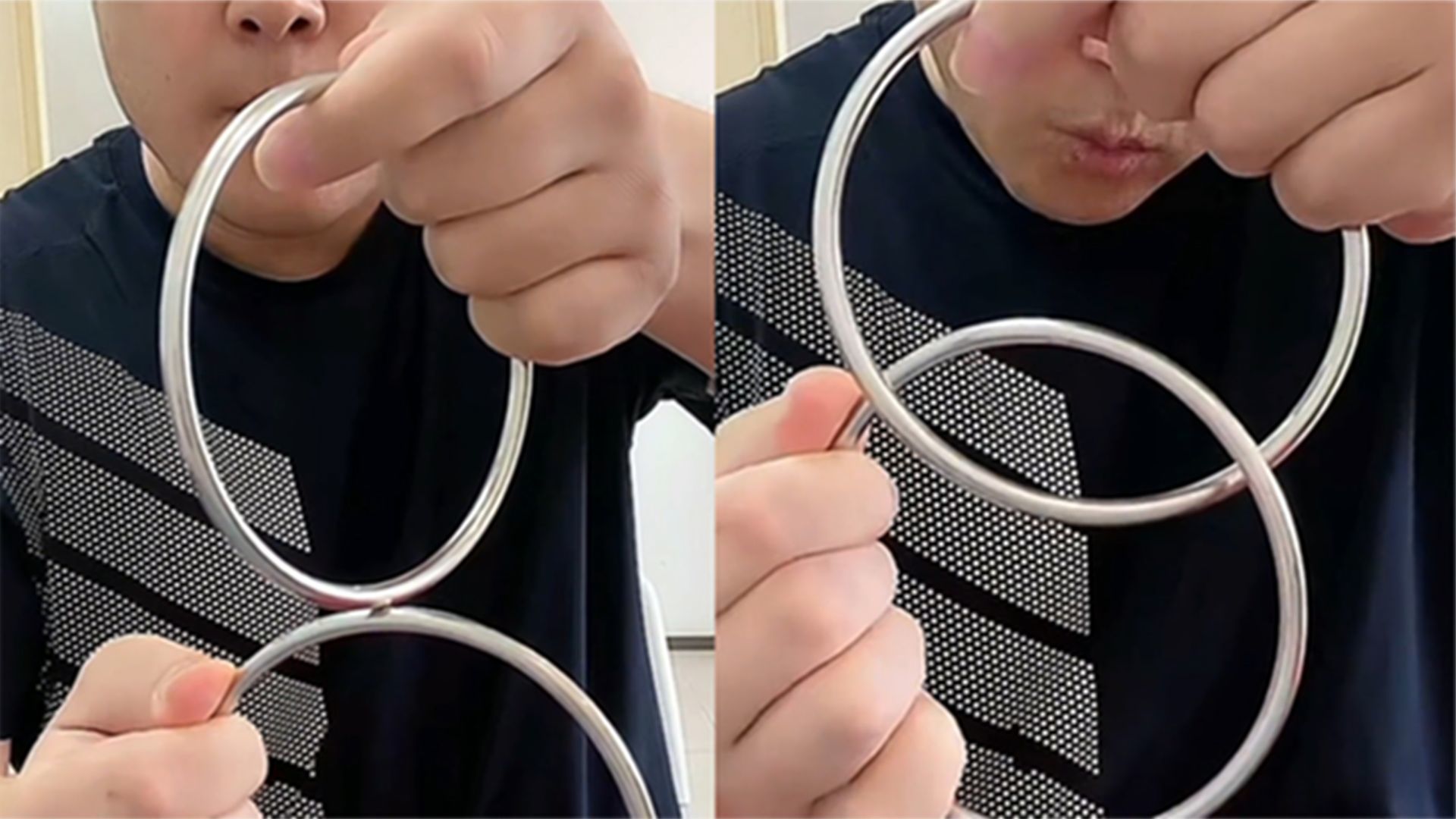 男子表演经典魔术铁环互穿慢动作现场教学看懵网友破绽明显