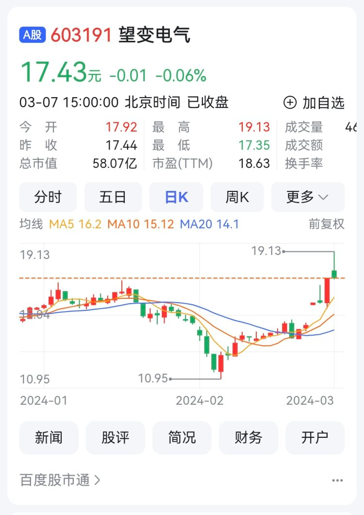 3月7日，望变电气报收17.43元，跌0.06%，转化市盈率18.63，总市值58.07亿元。