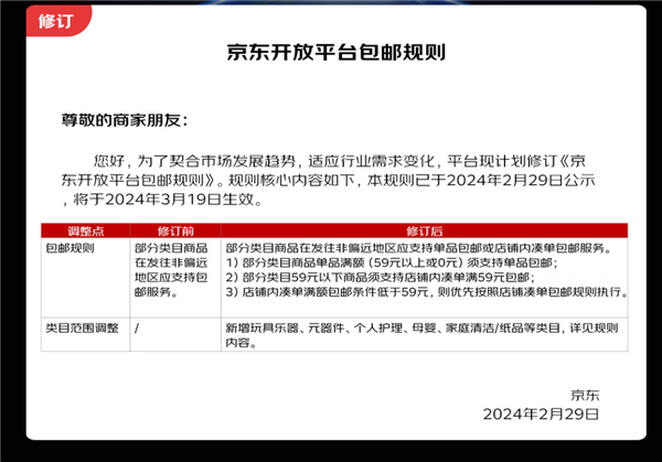 京东：3月19日起入步齐场最下满59包邮