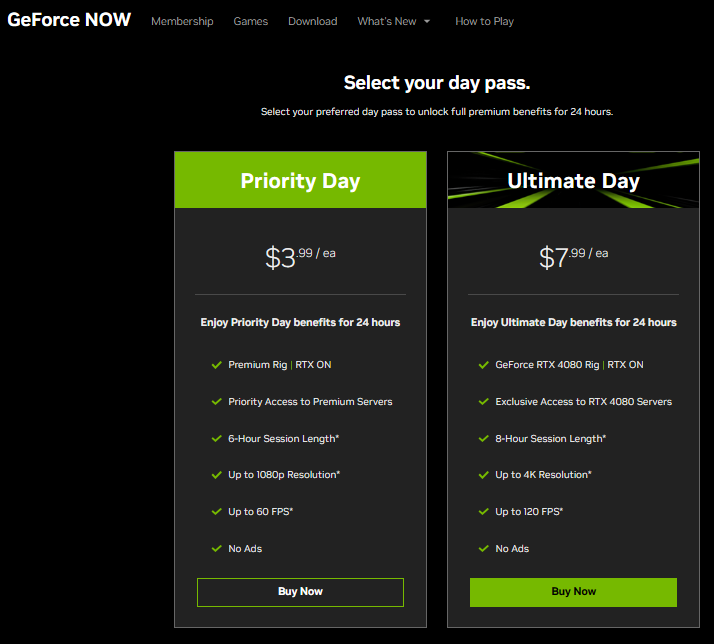  GeForce NOW 云游戏日票-官网截图