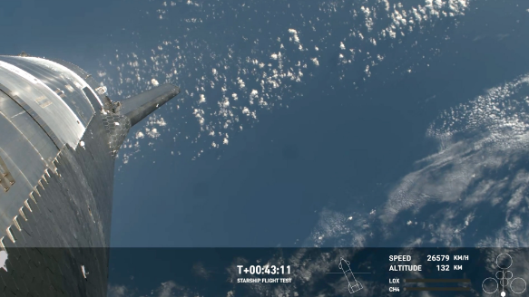 “星舰”火箭当地时间3月14日试飞直播画面。图源： SpaceX