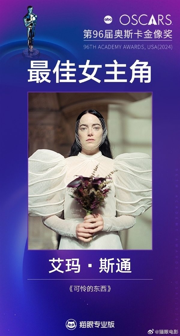 第96届奥斯卡颁奖典礼石头姐艾玛斯通二封影后基里安墨菲获影帝