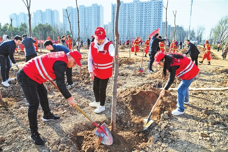 3月12日，志愿者在济源示范区植物园参加义务植树活动。当日是植树节，济源示范区在植物园、大沟河林场等植树点开展义务植树活动，1500多名志愿者植下6000余棵乌桕、白皮松等绿化树木。 苗秋闹 摄