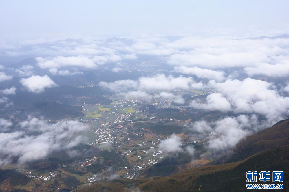 从武功山景区俯瞰，山下建筑物、农田笼罩在云海中。新华网 王晓震 摄