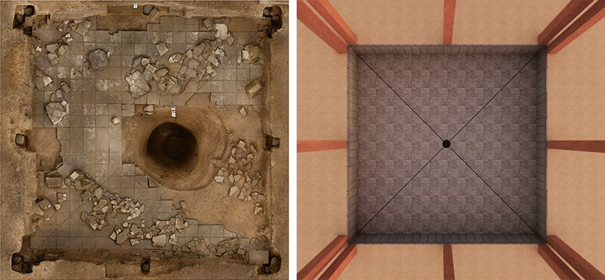 这是四角坪遗址中央夯土台基中心的半地穴空间及甘肃考古工作者绘制的复原图