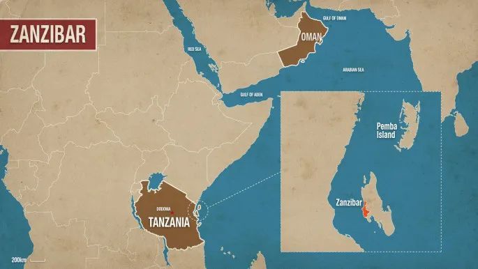△ 桑给巴尔位于非洲西南部，与西侧的坦桑尼亚隔海相望