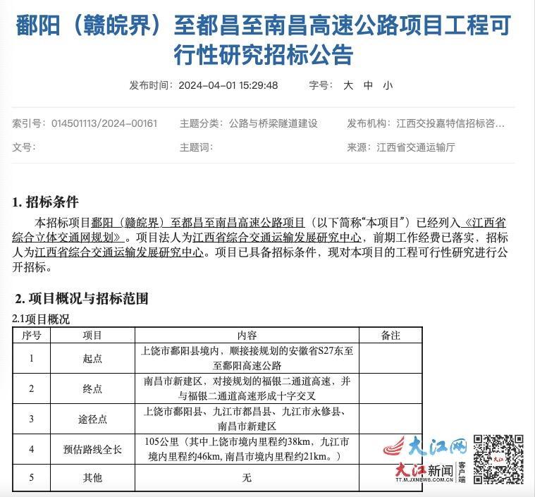 启动招标！江西境内再添一条高速 上饶鄱阳县→南昌新建区