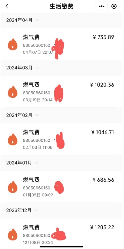 重庆两江新区市民A提供的燃气费用缴纳记录截图