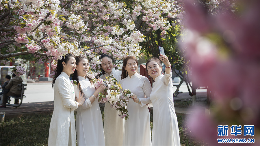 4月11日,河南省济源市思礼镇万阳湖畔,游人在拍照打卡。