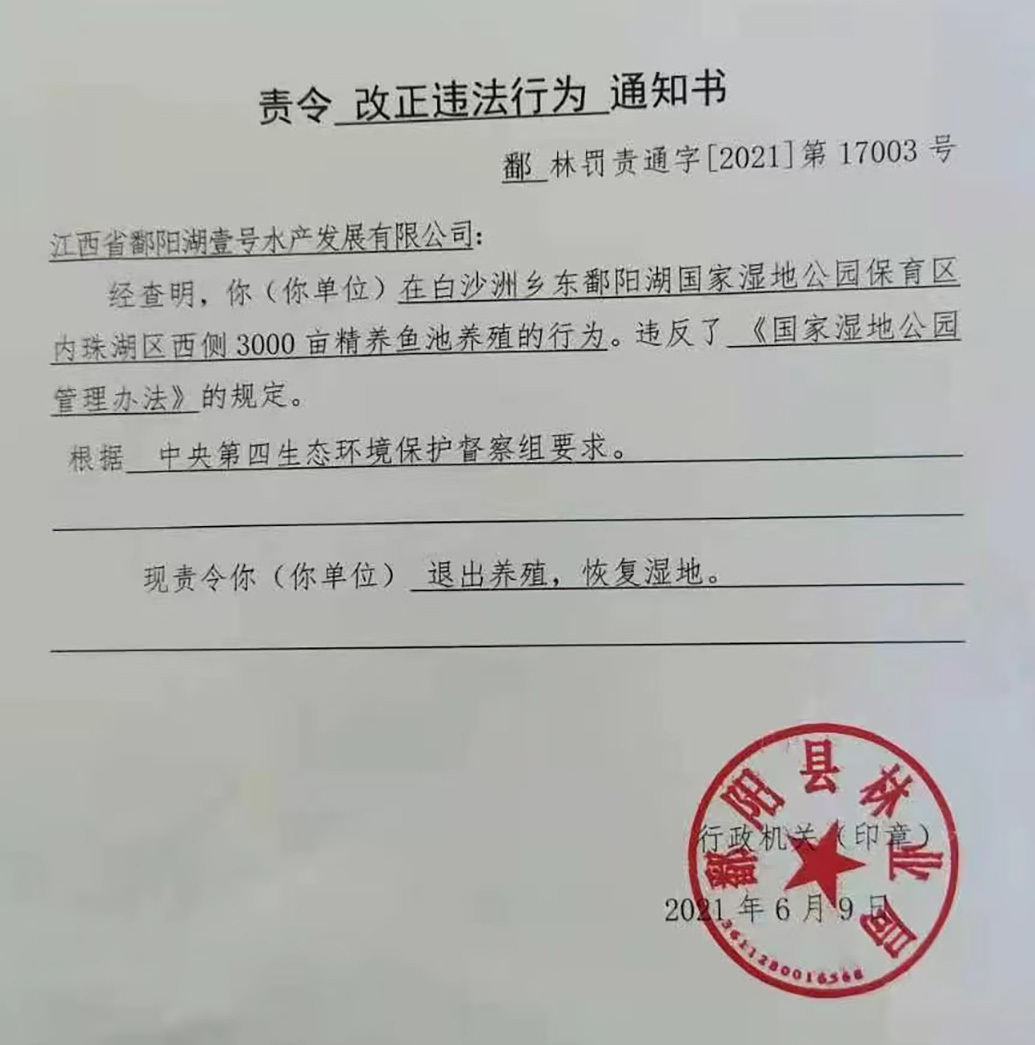 鄱阳县林业局下发的《责令改正违法行为通知书》