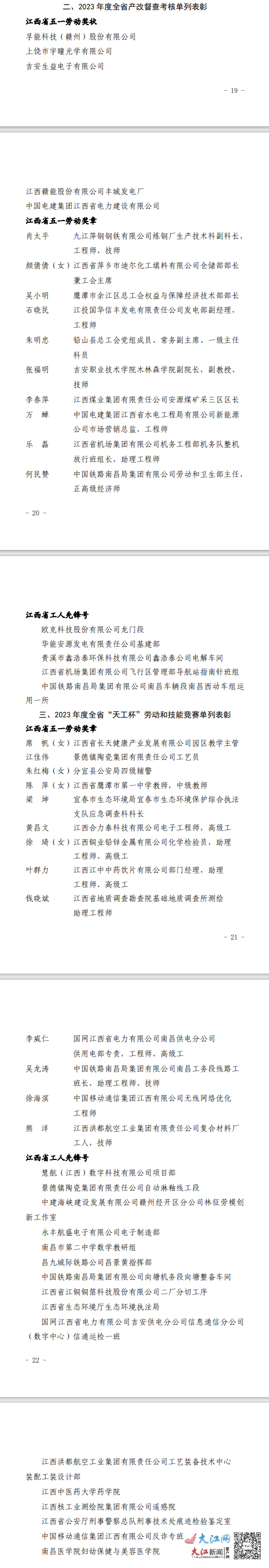 2024年江西省五一劳动奖和工人先锋号表彰名单公布