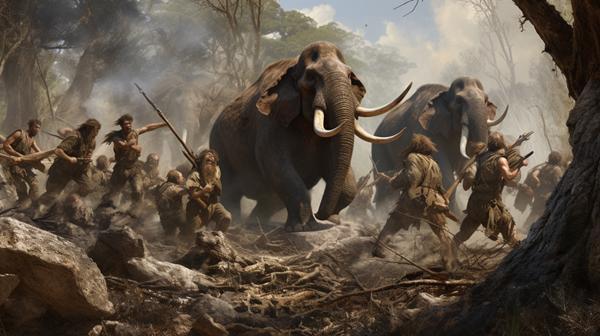 记者利用AI技术模拟的古人类捕猎大象场景