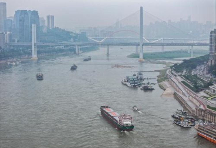 ▲2024年5月11日上午9点，南岸区南滨路，万吨级江海直达船“创新5”号正经过主城渝中南岸长江水域，驶向终点珞璜港。记者 龙帆 谢智强 摄