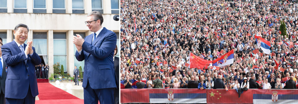当地时间5月8日上午，国家主席习近平在贝尔格莱德塞尔维亚大厦同塞尔维亚总统武契奇举行会谈。会谈前，武契奇陪同习近平来到政府大厦平台（左图）。大厦广场上，一万五千名塞尔维亚民众挥舞中塞两国国旗，对习近平表示最热烈的欢迎（右图）。（拼版照片）新华社记者 黄敬文 丁海涛 摄