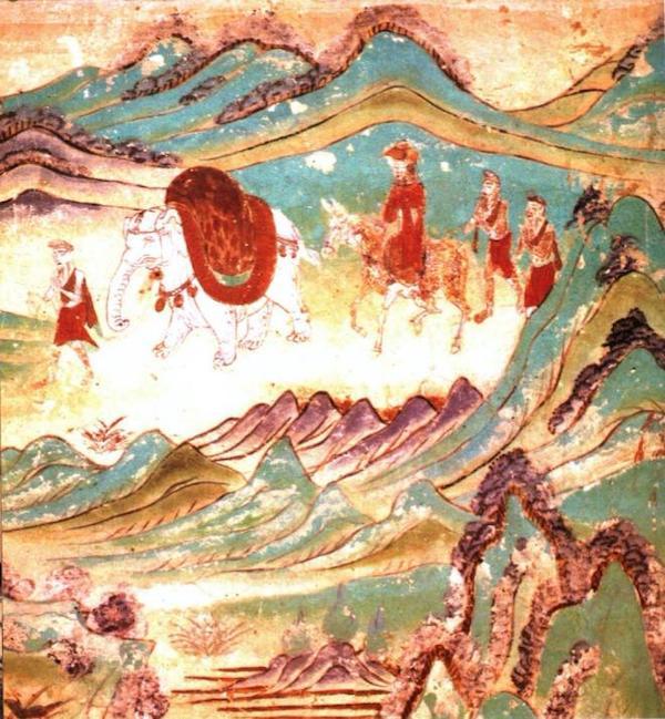图51：化乡喻品之山水东讲念主物，103窟， 北壁西端，彩版120。
