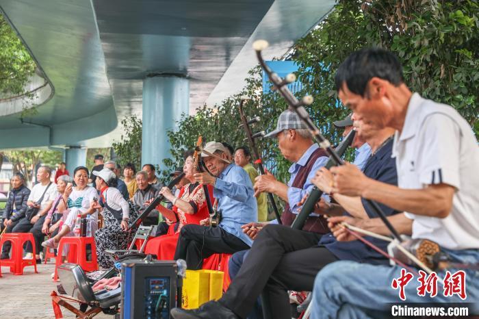 图为八一乐团的成员在演奏乐器。该乐团拥有中式和西式的多种演奏乐器，各成员发挥自己所长参与其中。刘力鑫摄